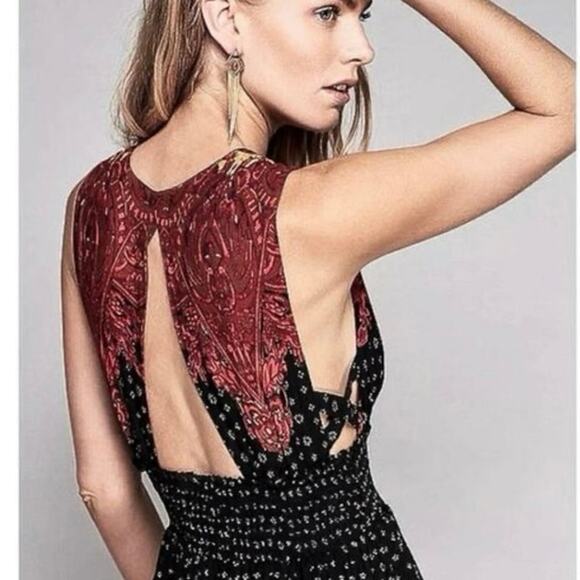 Free People XS Walking Through Dreams Red Black V neck Fit Flare Mini Dress - Picture 7 of 12